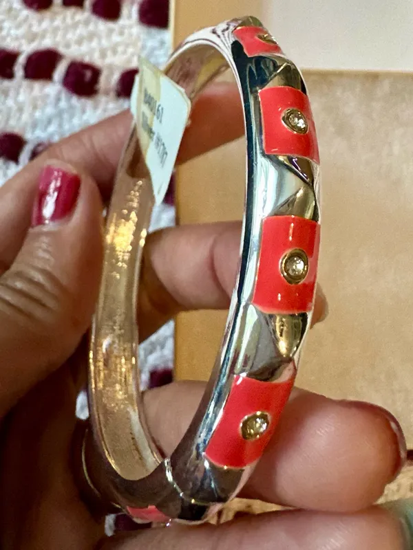 Sequin Silver Bracelet with Coral Pink Accents and Crystal Stones pointing NIB - Image 2