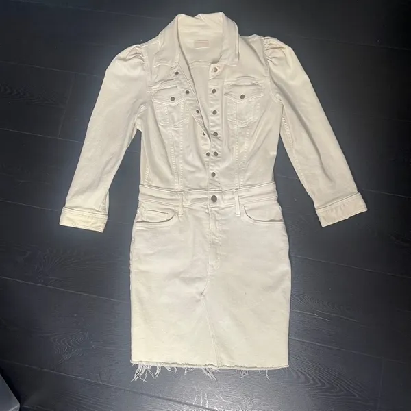 MOTHER Denim Cream Puff Shoulder‎ Raw Hem Mini Dress Long Sleeve Off White Small - Image 2