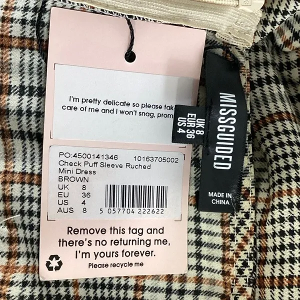 NEW Missguided Brown Checkered Plaid Puff Sleeve Ruched Mini Bodycon Dress Sz 4 - Image 4