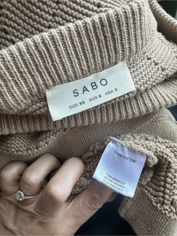 SABO Beige Strapless Knit Tie Mini Sweater Dress 100% Cotton Size XS - Image 3