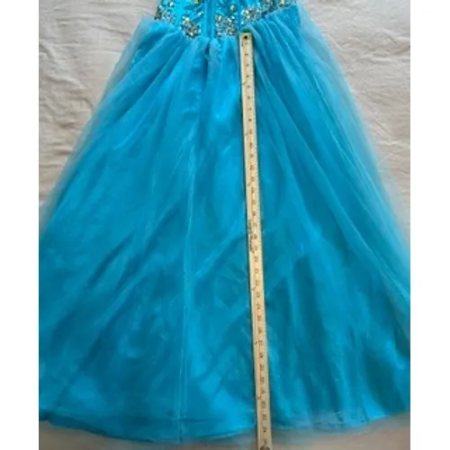 Aqua Blue Rhinestone Embellished Tulle Prom Gown Corset Back Sweetheart Dress - Image 4