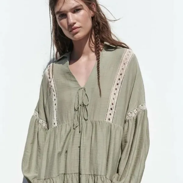 ZARA Boho Tiered Flowy‎ Mini Dress Sz Small Loose Fit Lace Green Tie - Image 2