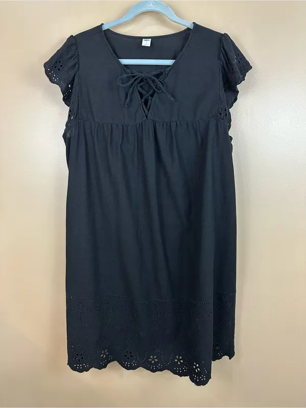 Old Navy Black Linen Blend Eyelet Lace Flutter Sleeve Empire Swing Dress Large - Image 6