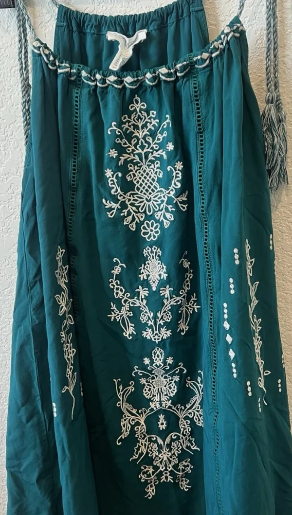 Forever 21 Blue Green Teal White Lace Embroidered Boho Bohemian Flowy Summer Mini Dress - Image 6