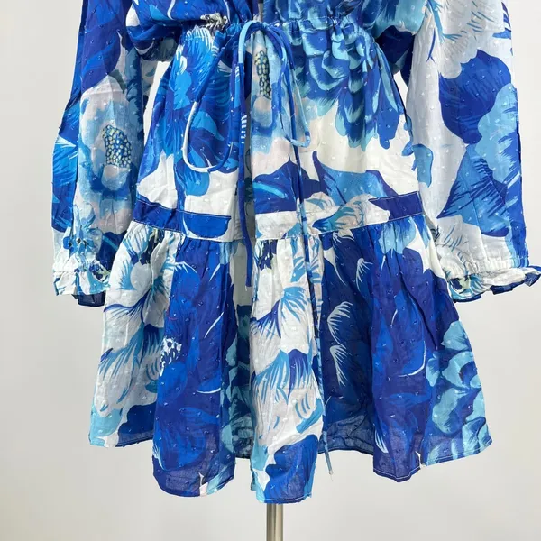 NWOT Cotton Blue Floral V Neck Mini Dress Size L - Image 4