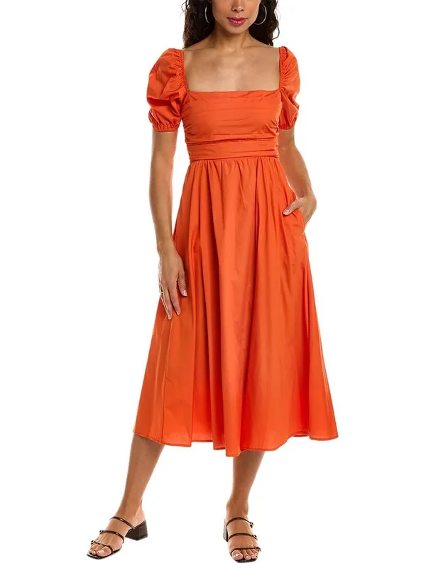 o.p.t. Square Neck Puff Sleeve Midi Dressu in Bright Orange - Image 7