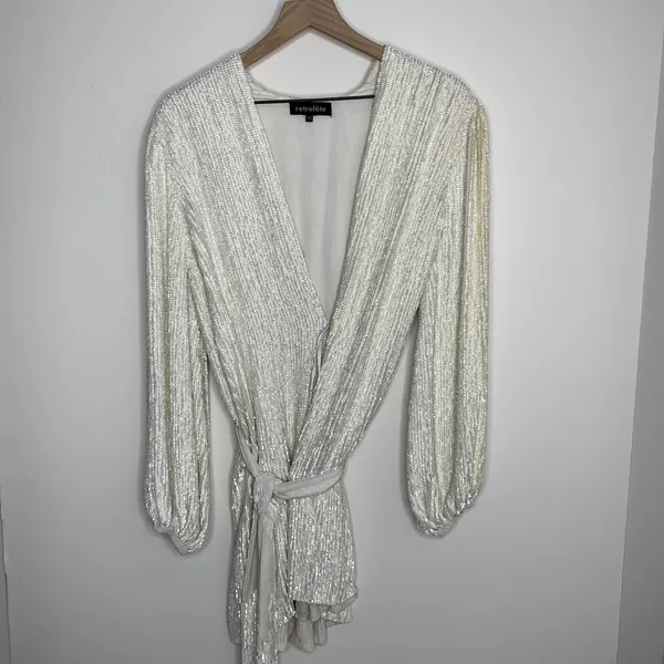 Retrofête Gabrielle Robe Sequins Wrap Mini Dress in Moonglow White Womens XS - Image 3