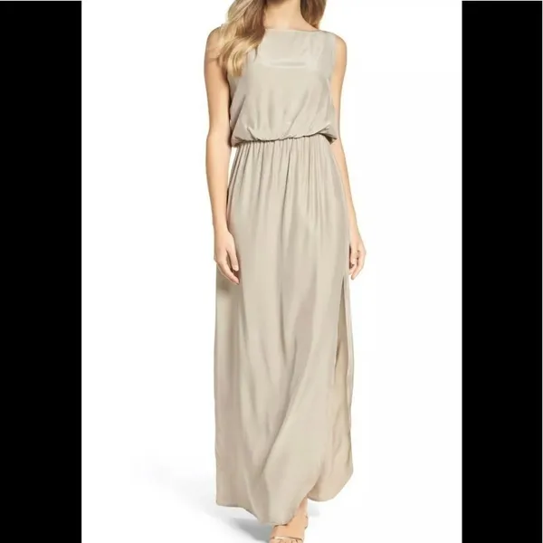 Natalie Deayala drape back silk column dress. NWT Tan - Image 5
