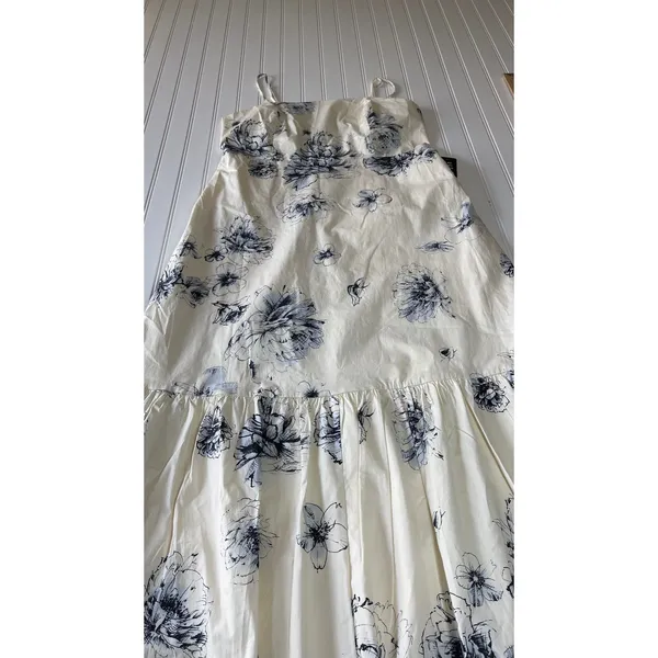 Express Womens Floral Tiered Midi Party Date Dress Cream Navy Blue Size L NWT - Image 4