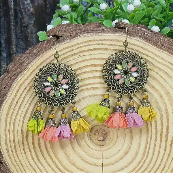 Boho Zinc Alloy Wood Retro Flower Design Tribal‎ Necklace & Earrings Set - Image 4