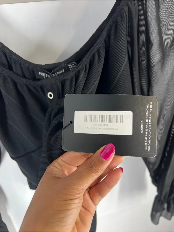 PrettyLittleThing Black Ribbed Mesh Sleeve‎ Bodysuit US 12 NWT - Image 8