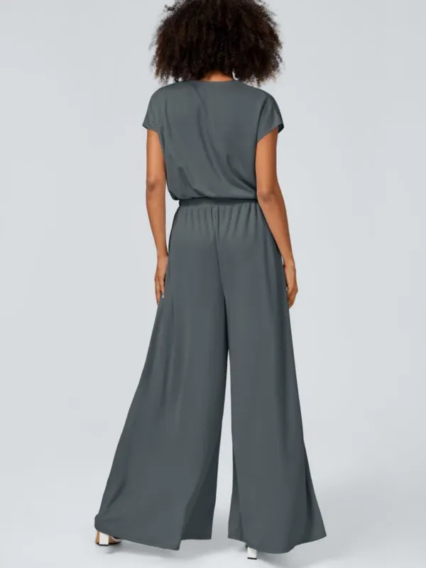 NWOT Halara Grey V Neck Short Sleeve Wide Leg Flowy Waffle Casual Jumpsuit - Image 2