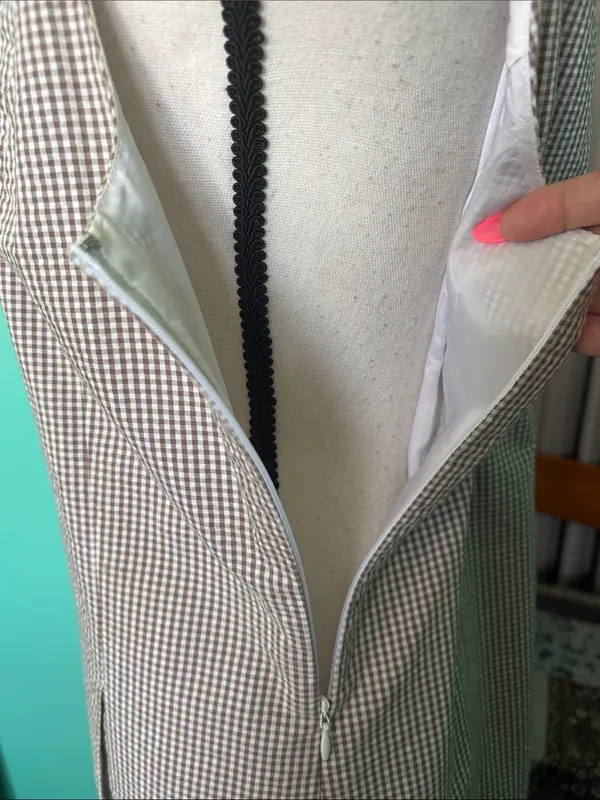 Tibi light brown & White Gingham Midi Dress with Crochet Trim - Image 7