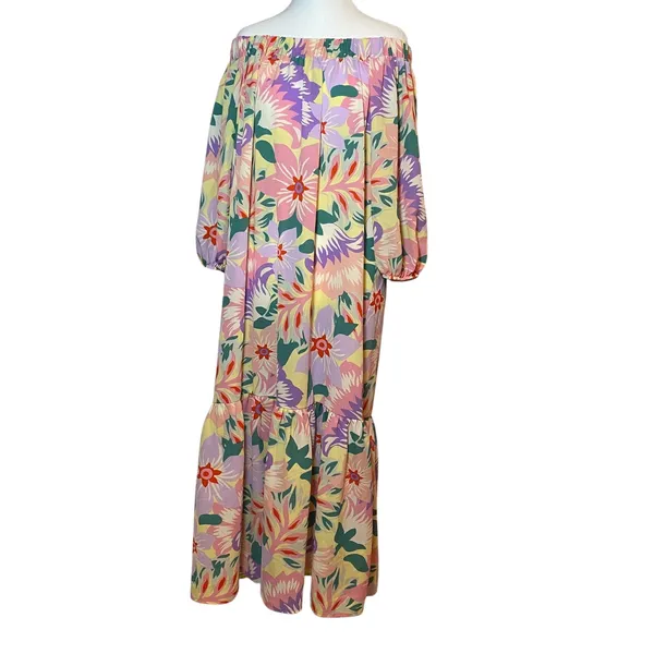 ASOS‎ DESIGN Trapeze Floral Maxi Dress Off The Shoulder Long Sleeve Tiered US 10 - Image 2