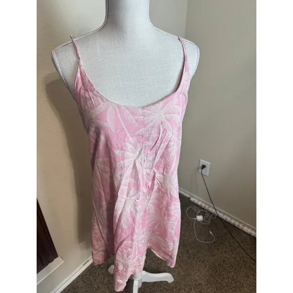 Hurley Pink Linen Blend Cami Tank Mini dress Palm Tree Tropical beach sz XL - Image 5