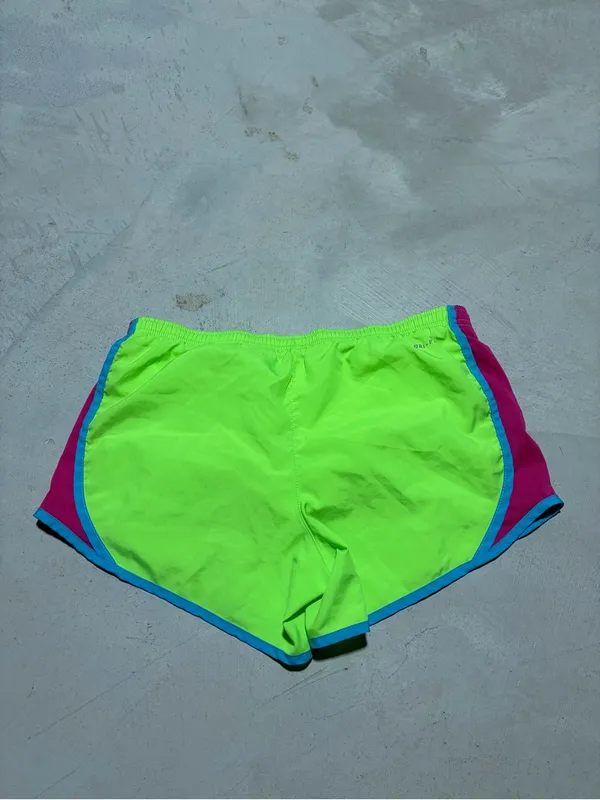 Nike Women's Neon Yellow-Green Running Shorts with Pink & Teal Trim large - Image 2