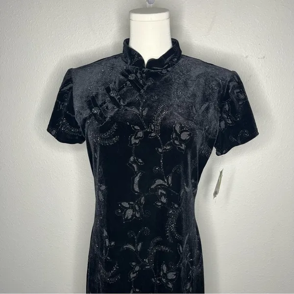 NEW Vintage Dressbarn Beaded Floral Velvet Qipao Cheongsam Maxi Dress Deadstock - Image 3