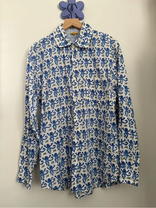 Roller Rabbit XL PJ Monkey Button Up Long Sleeve Shirt Blue Cotton Lounge White - Image 7