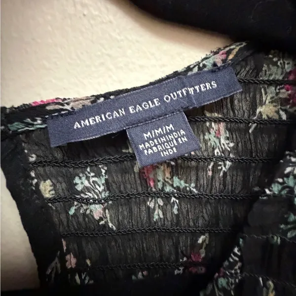 American Eagle Dark Floral Smocked Bell Sleeve Top Whimsigoth Fairy 70s Blouse M - Image 10