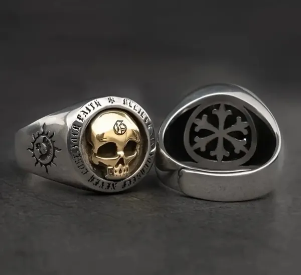 &merci Men’s Two Tone Stainless Steel Retro Skull Ring with Crossed Swords Size 14 - Image 4