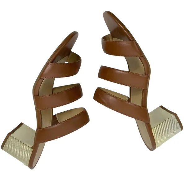 Michael Kors Paloma Flex Mule Sandals Gold Block Heel Brown Size 7M - Image 4