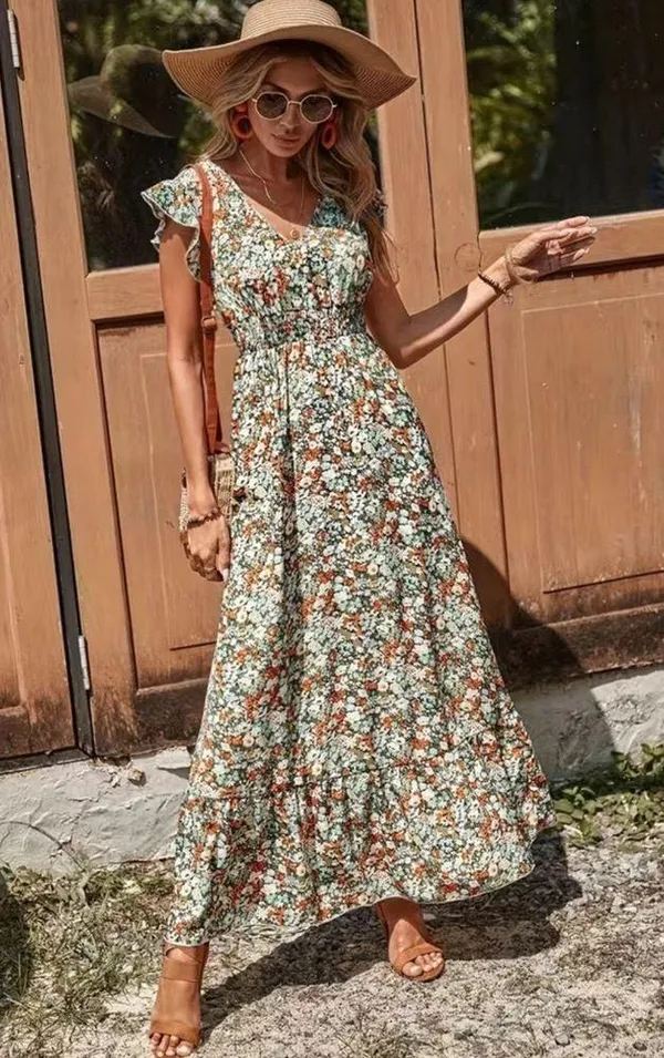 Women’s Ditsy Floral Ruffle Trim V Neck Smocked Waist Boho Maxi Dress NWT - Image 2