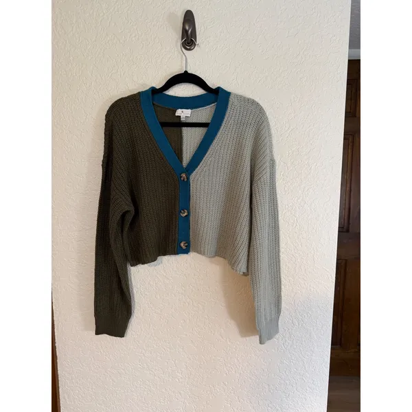True Craft Cardigan Multicolor Green Blue L Women Colorblock Cropped Knit V-Neck - Image 9