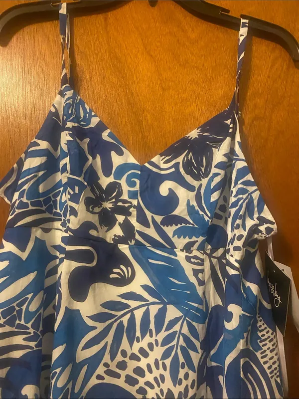 By & By Large Blue & White Tropical Print Dress - Image 5