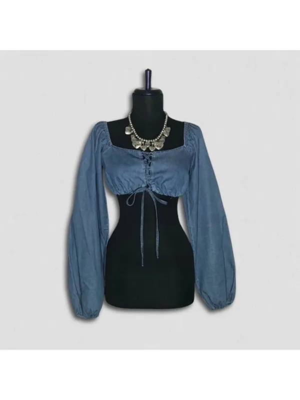 Forever 21 Chambray Blue Cropped Long Sleeve Top Small - Image 2