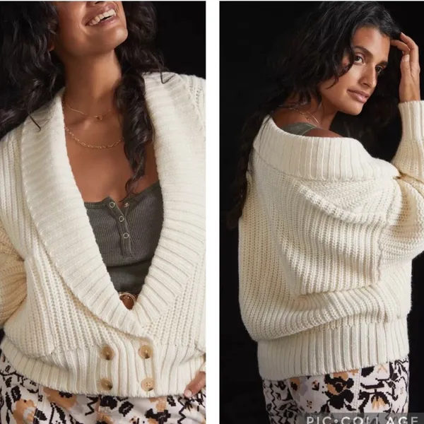 Anthropologie Deep V Wool Blend Oversized Ivory Cardigan Sweater Size Small - Image 3
