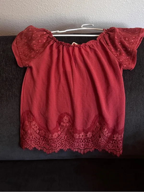 ELF Deep Burgundy Lace Flutter Sleeve Blouse Red - Image 2