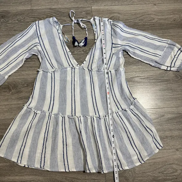 Blue Island‎ Women Boho Swim Cover Up Blue/White/Stripe Long Bell Sleeve Sz S - Image 11