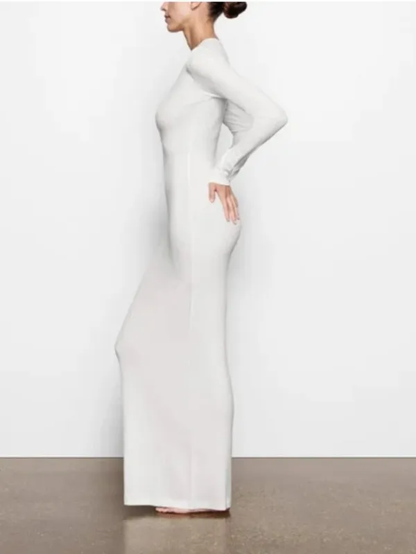 Skims Soft Lounge Long Sleeve Crew Neck Long Maxi Dress In Marble White Xl $200 - Image 2
