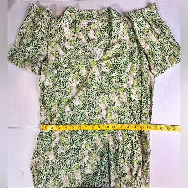 CAbi Faux Wrap Dress Green Tan Hawaiian Tropical Floral Leaf Boho Indie Sz Small - Image 2