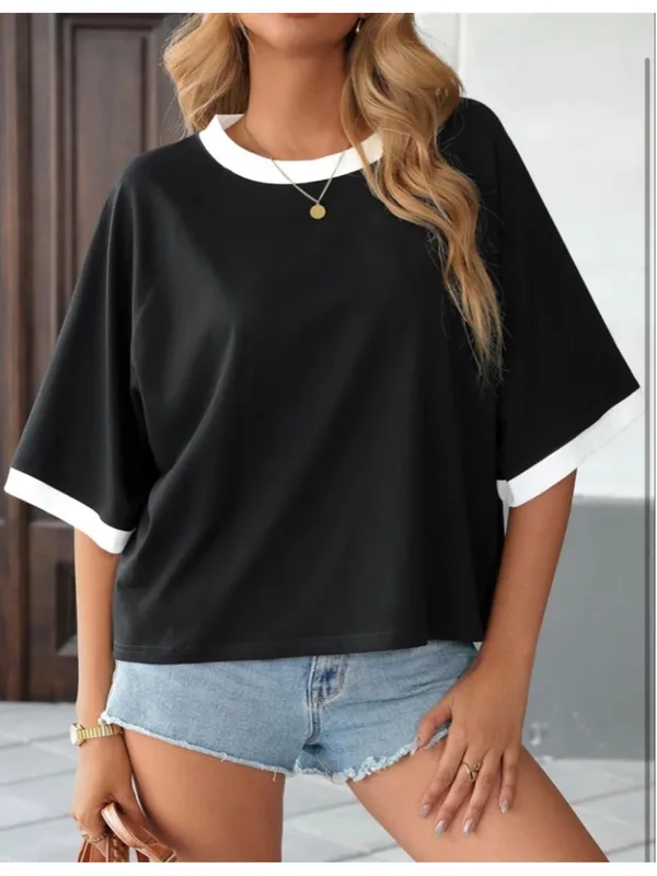NEW LilyCoco Ringer Tee Casual Oversized Raglan Short Sleeve Shirt L - Image 7