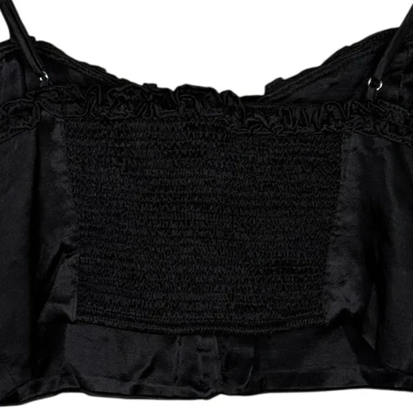 Zara Ruffled Satin Crop Top Adjustable Straps Front Buttons Smocked Back M Black - Image 10