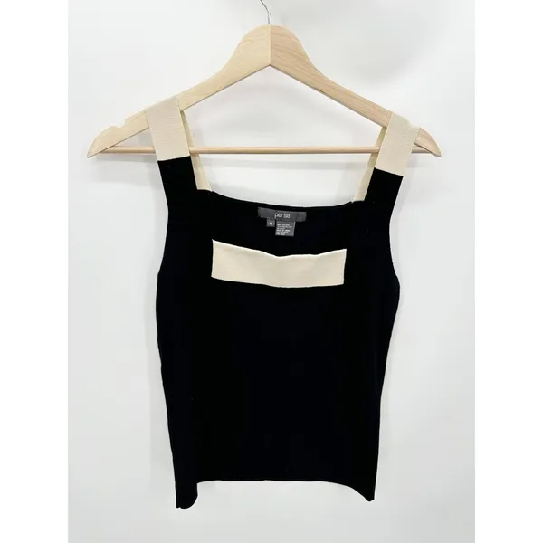 Black Cream Square Neck Knit Tank Top Sleeveless Contrast Trim Sz M Quiet Luxury - Image 2
