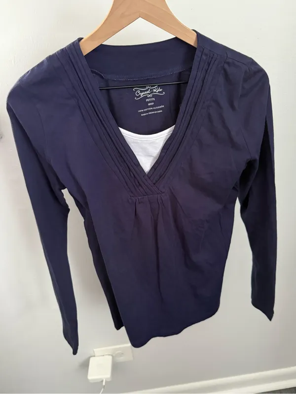 90s Y2K Petite Small Double Layered Long Sleeve Babydoll Tee Navy 2000s - Image 7