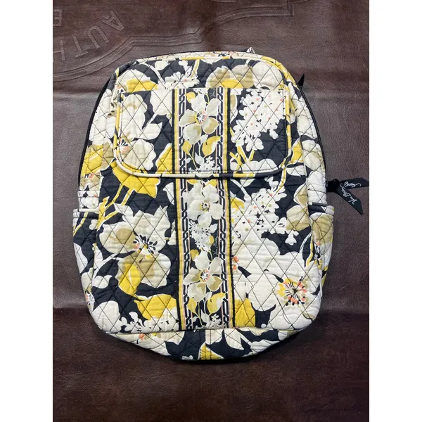 Vera Bradley Quilted Backpack Yellow Gray Floral Print Laptop School‎ Bag 15x11 - Image 3