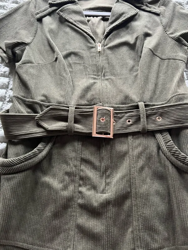 Amazon Army green corduroy dress with belt, Size S #corduroy #military - Image 2