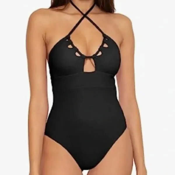BECCA Pucker Up Candice Large Green Textured Halter‎ Cut Out One Piece Swimsuit - Image 9