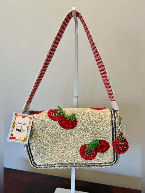 Beaded Cherry Shoulder Bag in Cream and Red - Image 2