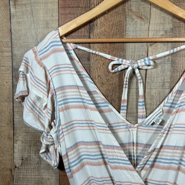 American Eagle Small Striped Romper Ruffle Sleeve Tie Back Jumper V-Neck S - Image 2