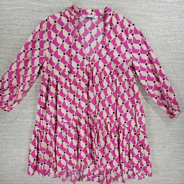 Zara Geometric Babydoll Dress Womens Medium Pink High Low Tunic Tiered Loose Fit - Image 12