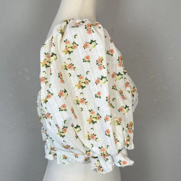 For Love & Lemons Lola Pointelle‎ Crop Top Size L White Floral Short Puff Sleeve - Image 7