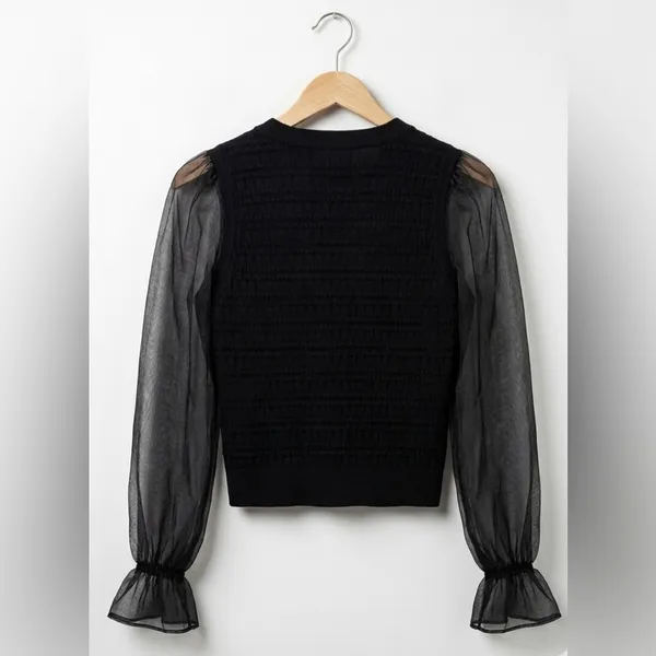 Anthropologie Maeve Black V-Neck Sweater with Sheer Puff Cinched Hem Sleeves - Image 2