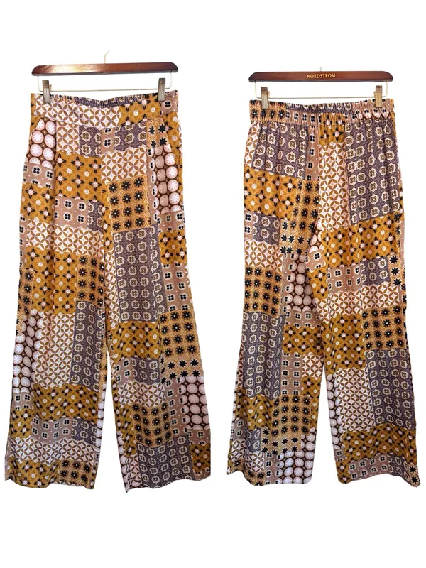 Drew mixed media print silky wide leg pants, pull up, pockets, highwaisted, sz S - Image 2