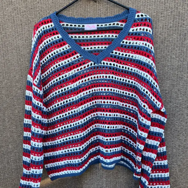 Pink Lily red, white, and blue striped crochet knit sweater top women’s Sz L - Image 5
