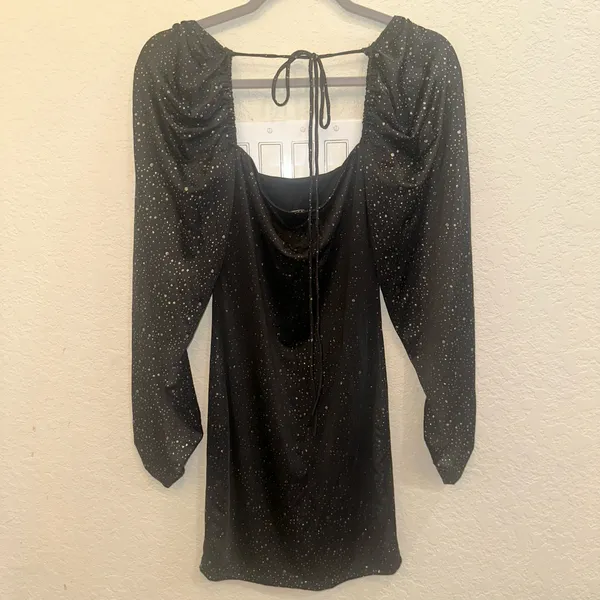Lucy In The Sky Small Black Sparkle Long Sleeve Ruffle Bodycon Mini Formal Dress - Image 3