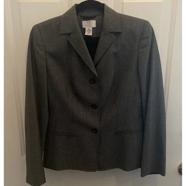 Ann Taylor Loft Petites Blazer Jacket Black White Micro Check Wool Blend‎ 0P - Image 2